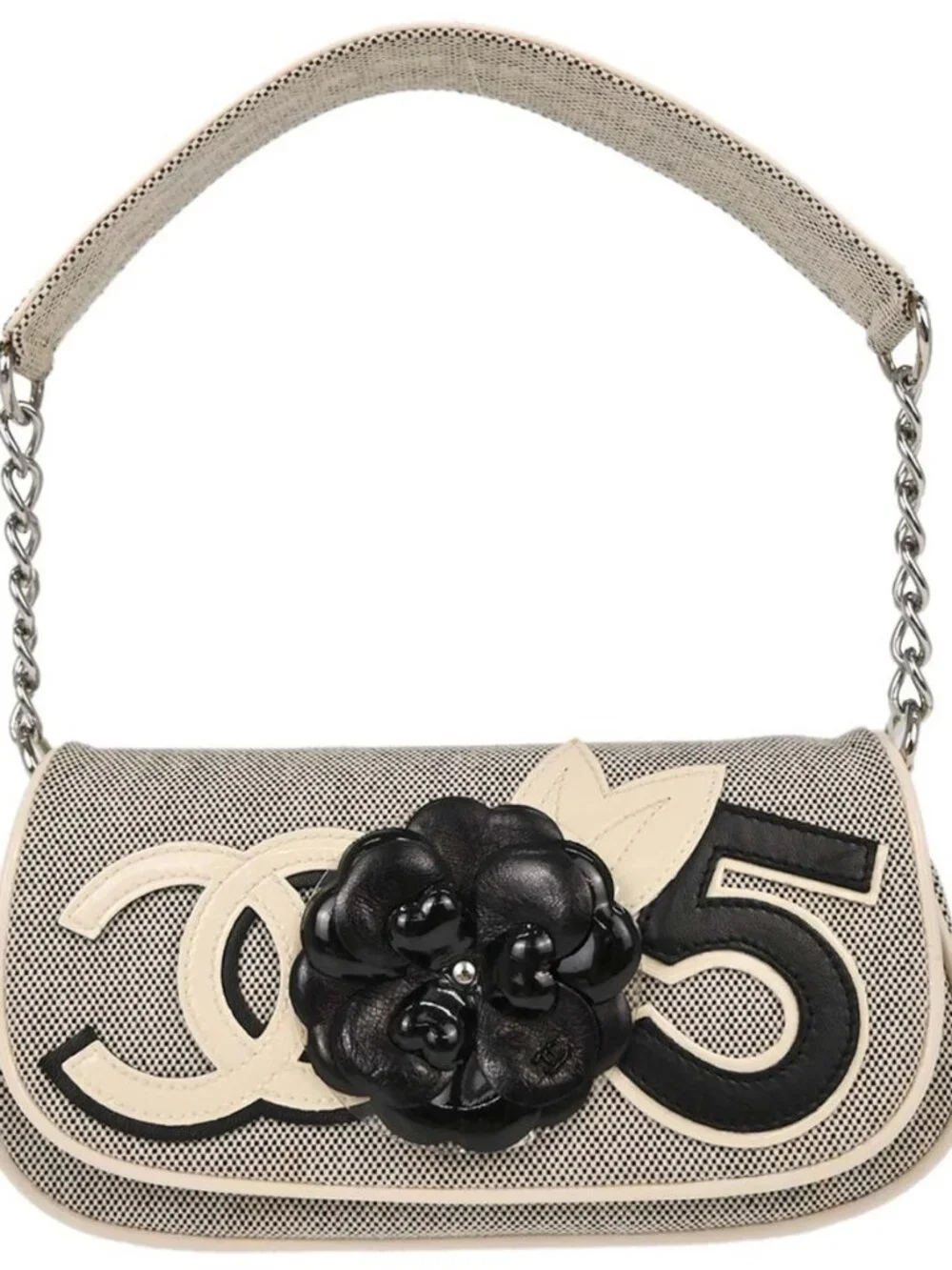 Chanel Black White Canvas Camellia No.5 CC Handbag 198045